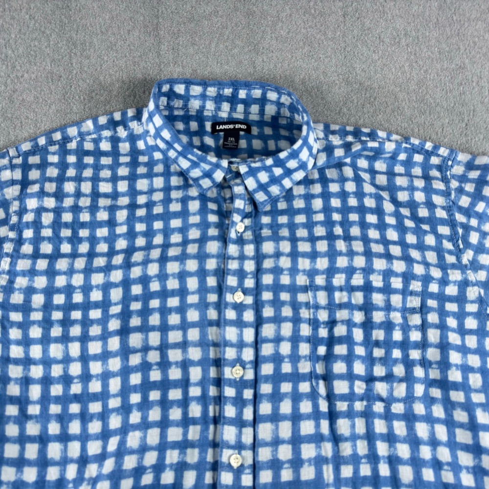 Lands End Linen Shirt Mens 3XL Blue Checked Button Short Sleeve Traditional Fit